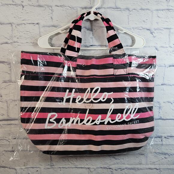 Victoria's Secret "Hello, Bombshell" Tote Beach Bag Black Pink Striped New - Picture 1 of 4